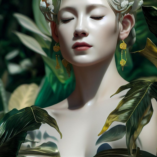 Mooi vrouwenportret met planten en bloemen 3D-rendering
