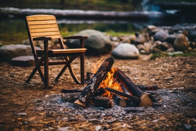 Mooi vuur met brandend brandhout in de buurt van stoelen en kampeertent in bos Kampvuur door een