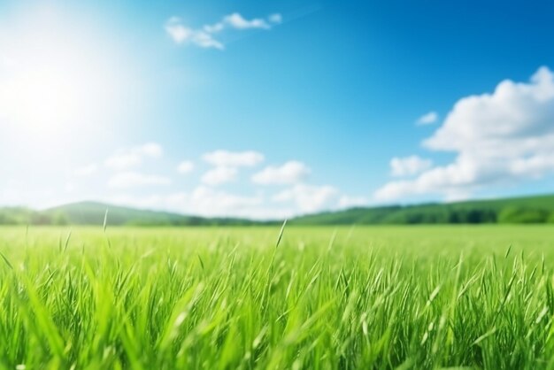 Mooi wazig achtergrondbeeld van de lente natuur met een netjes geknipt gazon omringd door bomen tegen een blauwe hemel met wolken op een heldere zonnige dag