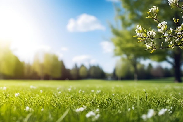 Mooi wazig achtergrondbeeld van de lente-natuur met een netjes geknipt grasveld omringd door bomen