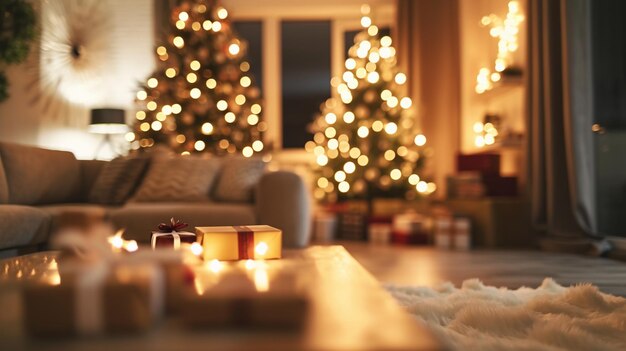 Foto mooi wazig interieur van een woonkamer versierd voor kerstmis in warm gezellig bruingenerative ai