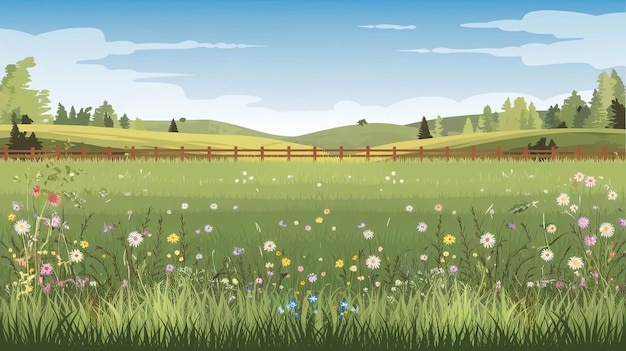 Mooi weidelandschap met een vectorillustratie van de achtergrond van de hemel