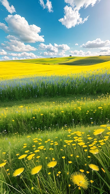 Mooi weiland met vers gras en gele paardenbloemen in de natuur tegen een wazig blauw