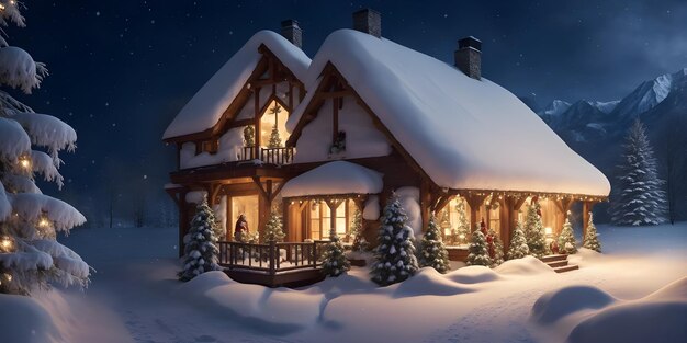 Mooi winterlandschap met houten huis en kerstboom's nachts