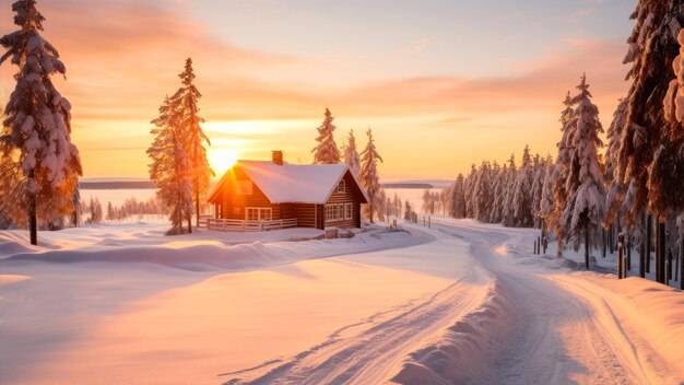 Mooi winterlandschap met houten huis in een besneeuwd bos bij zonsondergang