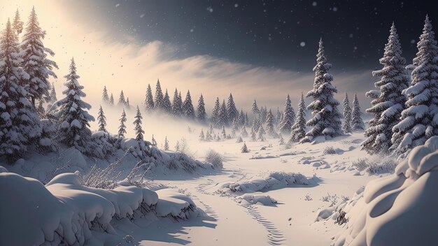 Mooi winterlandschap met met sneeuw bedekte bomen generatieve ai