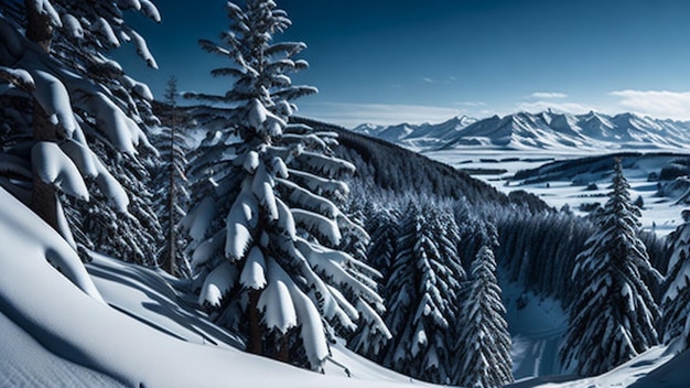 Mooi winterlandschap met met sneeuw bedekte dennenbomen en bergen op de achtergrond