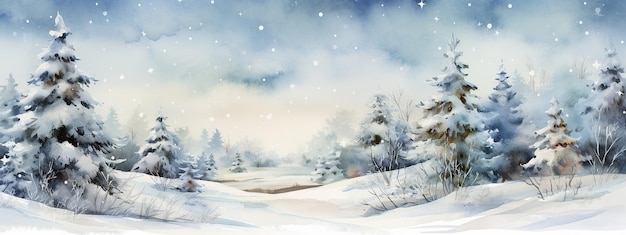 Mooi winterlandschap met sneeuw Kerstbanner Waterkleur illustratie voor ontwerpdruk