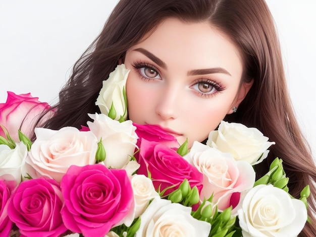 Mooi wit meisje met bloemen Prachtige brunette meisje met grote boeket bloemen van rozen