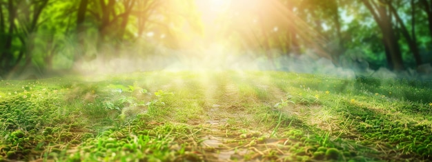 Mooi zomer natuurlandschap met gazon met gesneden vers gras in de vroege ochtend met lichte mist P