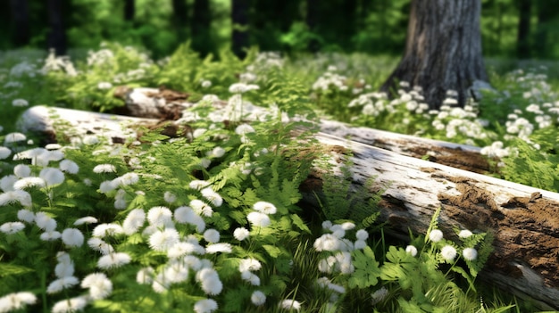 Mooi zomerbos met witte wilde bloemen en omgevallen boom