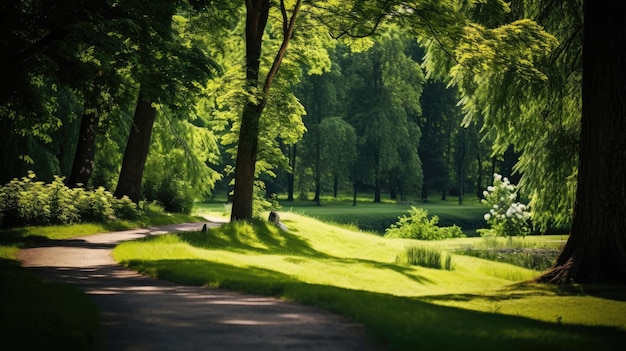 Mooi zomerlandschap met groen gebladerte in het park
