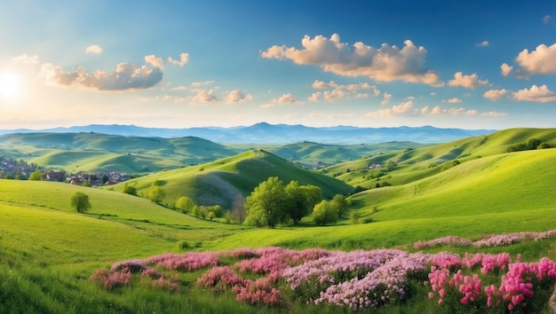 Mooi zomerlandschap met groene velden en roze bloemen gegenereerd door AI