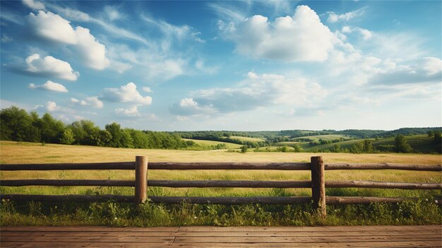 Foto mooi zomerlandschap met houten hek en blauwe lucht met witte wolken