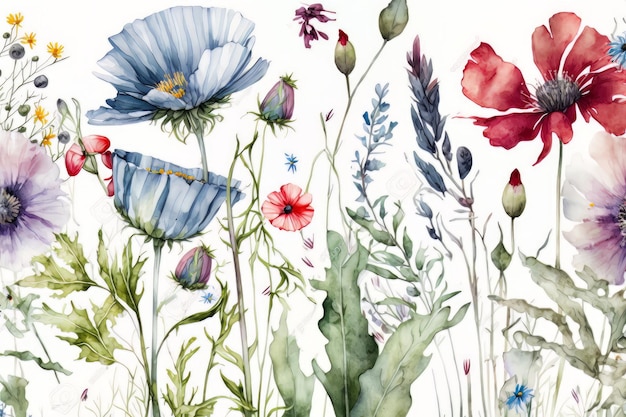 Mooi zomers bloemenpatroon met aquarel Illustratie AI Generatief