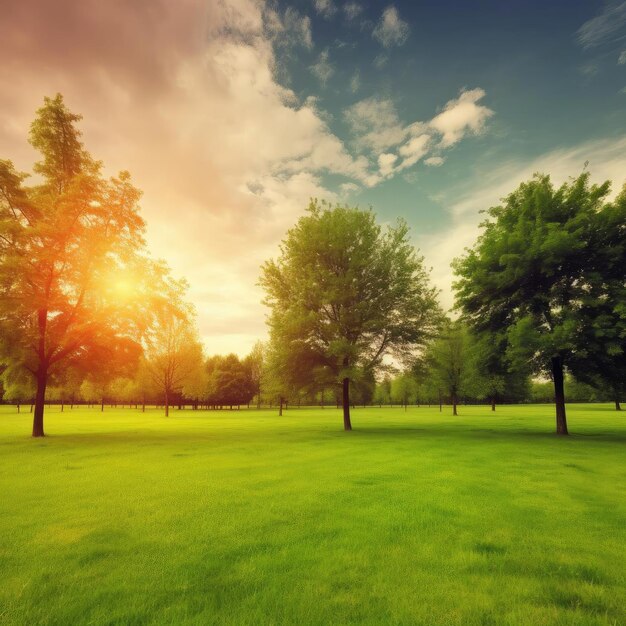 Mooi zomers landschap met groene weidebomen en zonsondergang