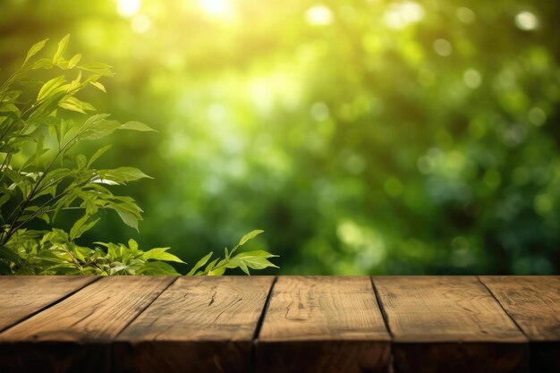 Mooi zonlicht wazig groene natuur tuin achtergrond en houten tafel generatieve AI