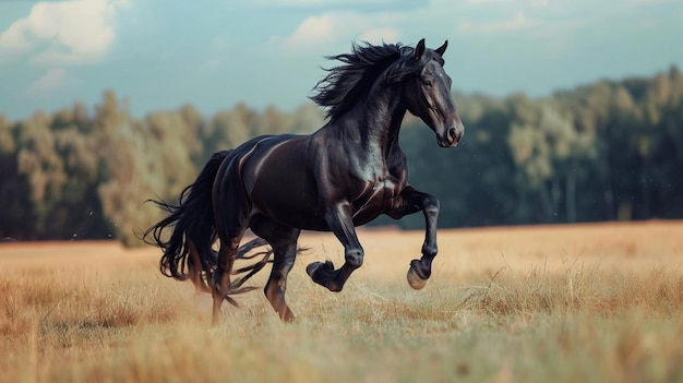 Mooi zwart paard speelt op het veld Generatieve Ai