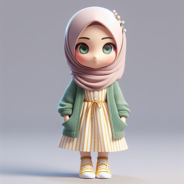 Mooie 3D vrouwelijke chibi personage in hijab met een jurk met een groene cardigan en gele streep