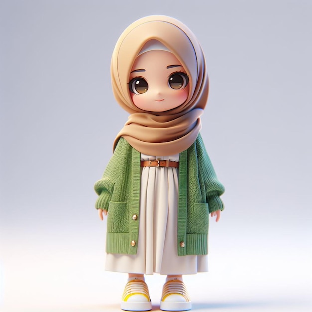 Mooie 3D vrouwelijke chibi personage in hijab met een jurk met een groene cardigan en gele streep