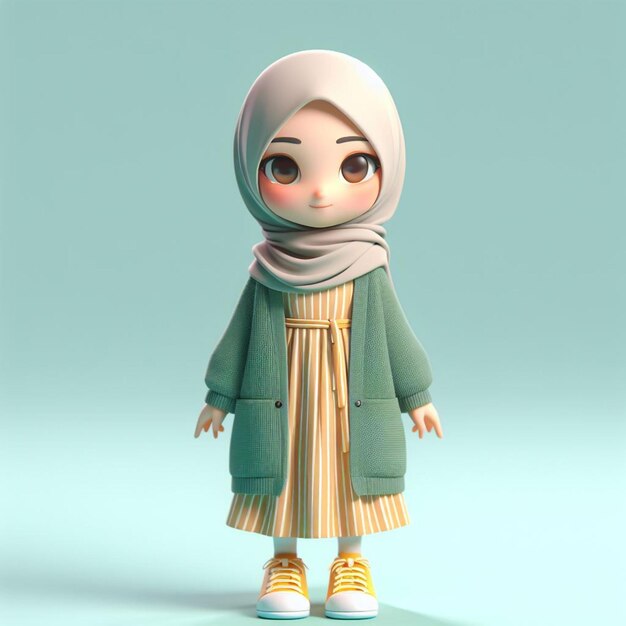 Mooie 3D vrouwelijke chibi personage in hijab met een jurk met een groene cardigan en gele streep