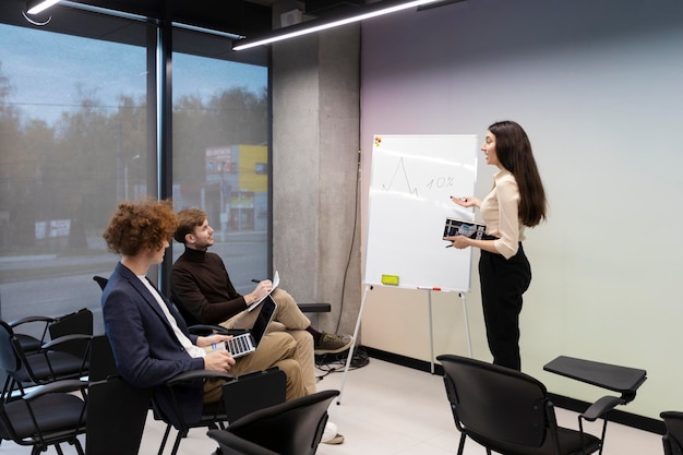 Mooie aantrekkelijke vrouw die een grafiek tekent op een flipchart die wijst en uitlegt aan managers