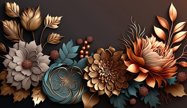 Mooie abstracte bronskleurbloem met bladachtergrond AI Gegenereerd