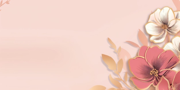 Mooie abstracte gouden en roze eenvoudige doodle cartoon bloemenontwerp achtergrond Generatieve AI AIG32