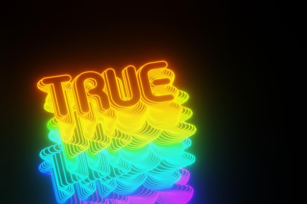 Foto mooie abstracte neon achtergrondwoorden true op een zwarte achtergrond 3d rendering illustratie backg