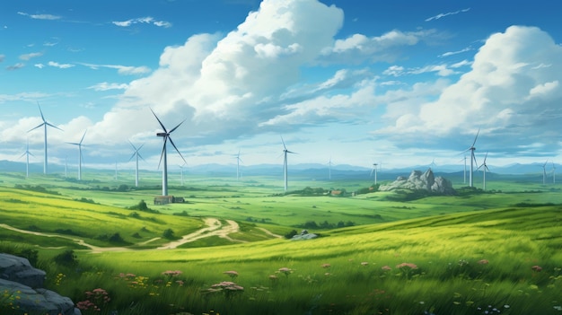 Mooie achtergrond met windmolens in een groen veld