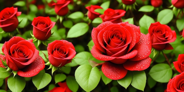 Mooie achtergrond van rode rozen met groene bladeren met dauwdruppels Generatieve AI