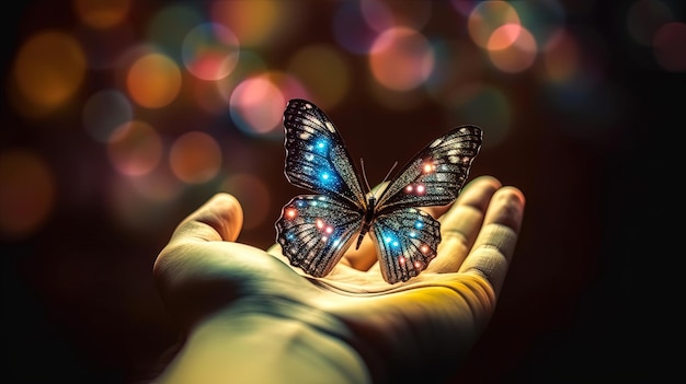 Mooie afbeelding van een vlinder met felle lichten op de hand van een vrouw
