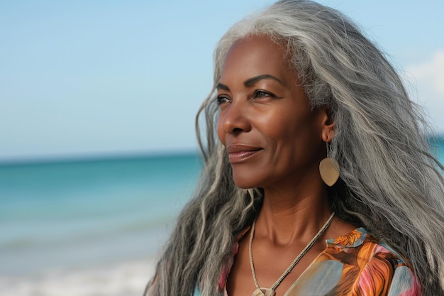 Mooie Afrikaanse verouderde volwassen vrouw met grijs haar geniet van een wandeling langs het strand