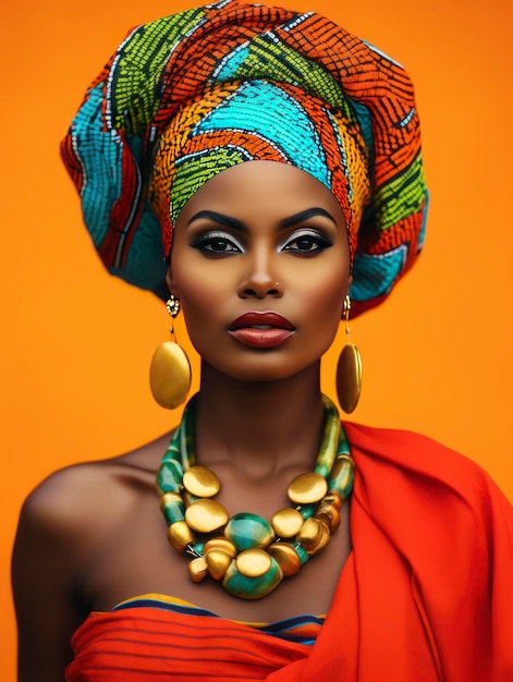 Mooie Afrikaanse vrouwelijke model poseert op een levendige achtergrond