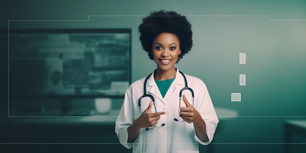 Mooie Afro-Amerikaanse dokter in medische kleding.