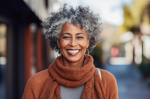 Mooie Afro-Amerikaanse of zwarte vrouw van eind vijftig die glimlacht en warmte en positiviteit uitstraalt