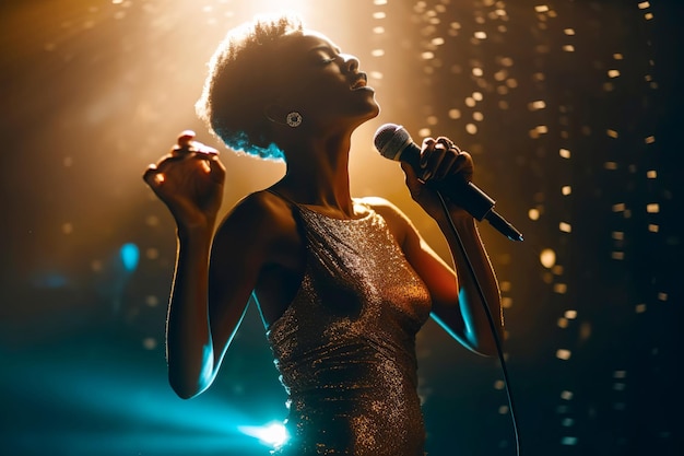 Mooie Afro-Amerikaanse vrouw draagt een jurk met gouden pailletten zingt op het podium Generatieve AI-illustratie