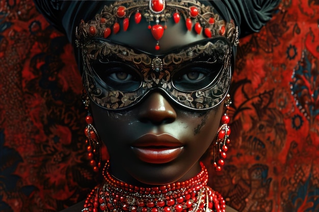 Mooie Afro-Amerikaanse vrouw in mysterieus masker Venetiaans carnaval Mardi Gras maskerade feest
