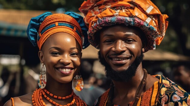 Mooie afro-amerikaanse vrouw in traditionele kleding en knappe zwarte man die glimlacht en kijkt