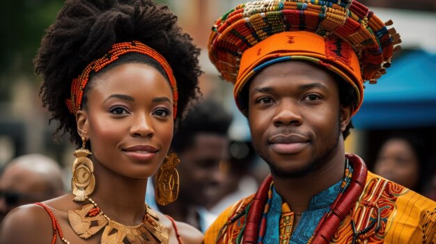 Foto mooie afro-amerikaanse vrouw in traditionele kleding en knappe zwarte man die glimlacht en kijkt