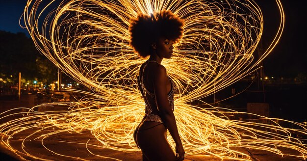 Foto mooie afro-amerikaanse vrouw met afro kapsel en omschreven in licht ai generatief