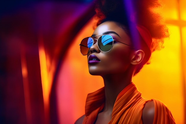 Mooie Afro-Amerikaanse vrouw met Afro-kapsel en stijlvolle zonnebril Helder en kleurrijk