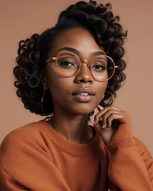 Mooie Afro-Amerikaanse vrouw met krullend haar en een bril.