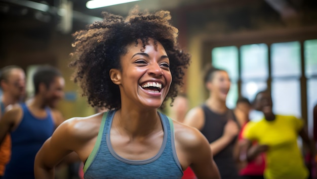 Mooie Afro-Amerikaanse vrouw met krullend haar Intense fitnesstraining in de sportschool