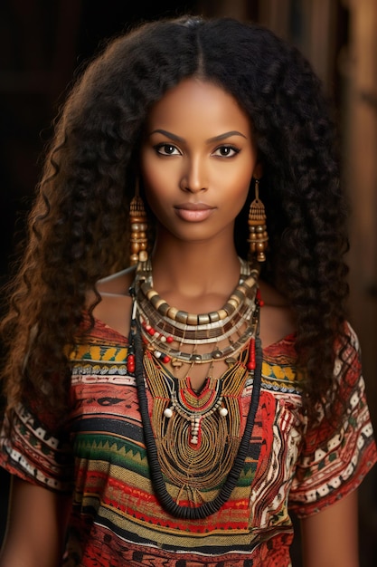 Mooie Afro-Amerikaanse vrouw met lang krullend haar in etnische kleren.