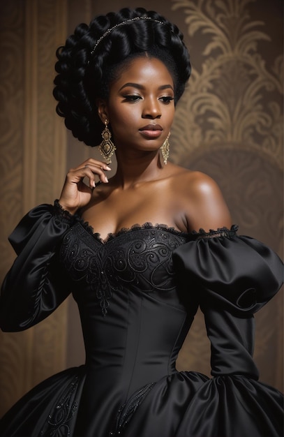 Mooie Afro-Amerikaanse vrouw met zwarte jurk en sieraden.