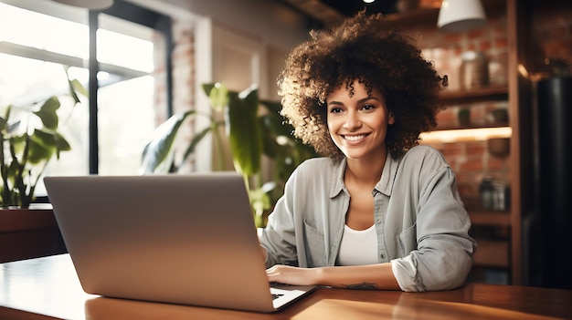 Mooie Afro-Amerikaanse vrouw om thuis te zitten met een laptop