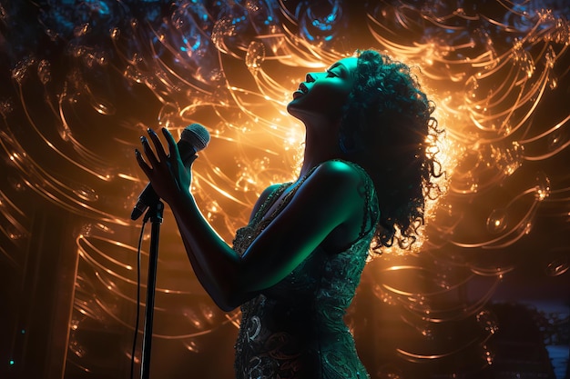 Mooie Afro-Amerikaanse zangeres zingt op het podium in gouden bokeh lichten Generatieve AI illustratie