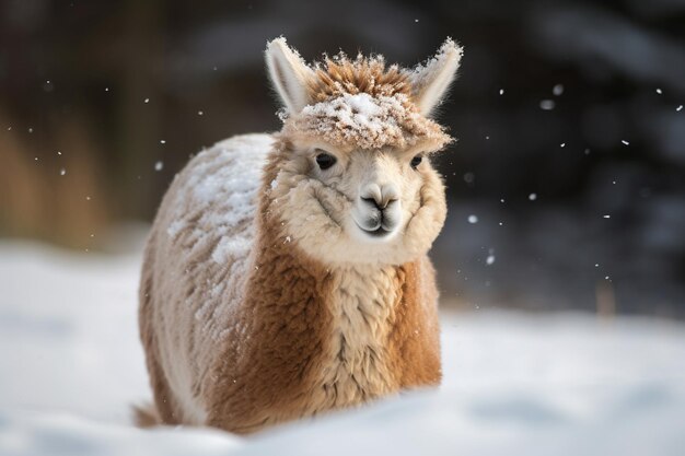 Mooie alpaca in het besneeuwde bos Dier in het winterbos