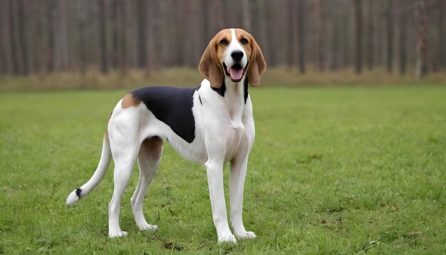 Mooie Amerikaanse Foxhound hond stand hond ras groene weide bij bos lang haar